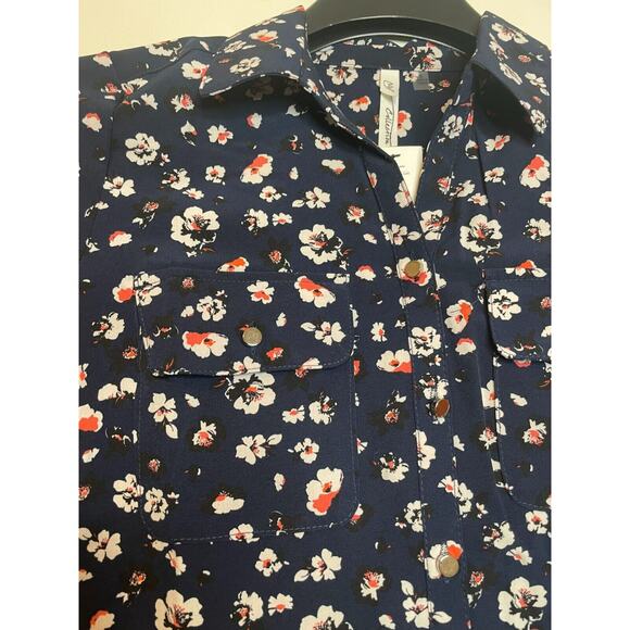 NY Collection Womens Floral Print Button-Up Blouse Roll Tab Sleeve Size S - Picture 3 of 9